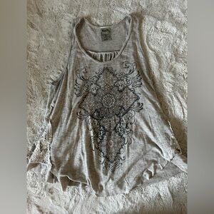 Vocal Heather Gray Embellished Cross Lace-Panel Tank